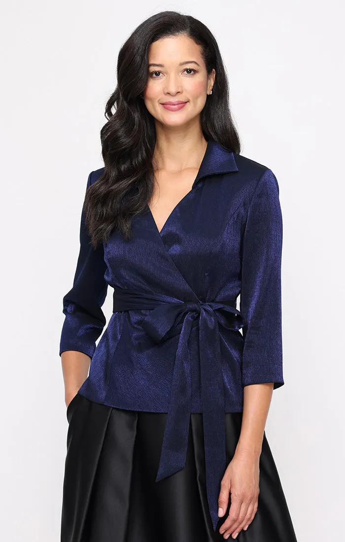Petite 3/4 Sleeve Shimmer Blouse with Surplice Neckline, Collar and Tie Waist sold by Alex Evenings product image thumbnail 3