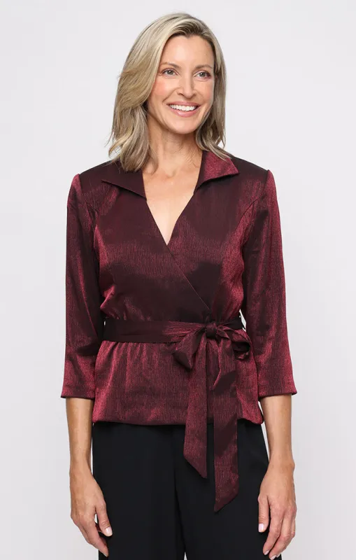 Petite 3/4 Sleeve Shimmer Blouse with Surplice Neckline, Collar and Tie Waist sold by Alex Evenings