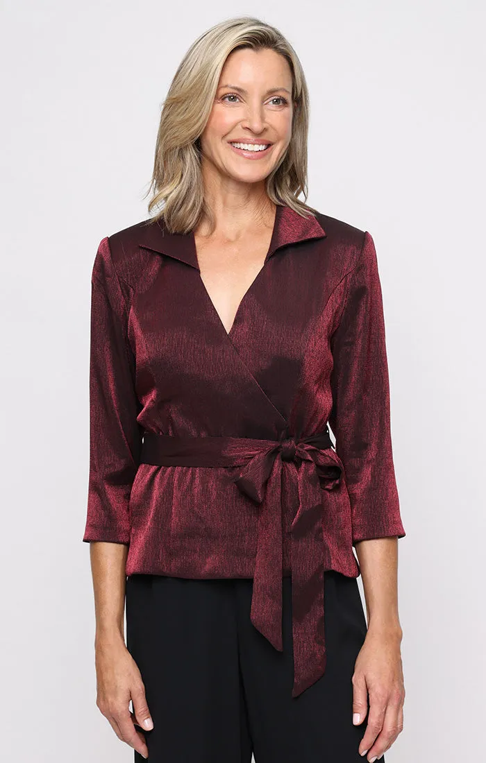 Petite 3/4 Sleeve Shimmer Blouse with Surplice Neckline, Collar and Tie Waist sold by Alex Evenings