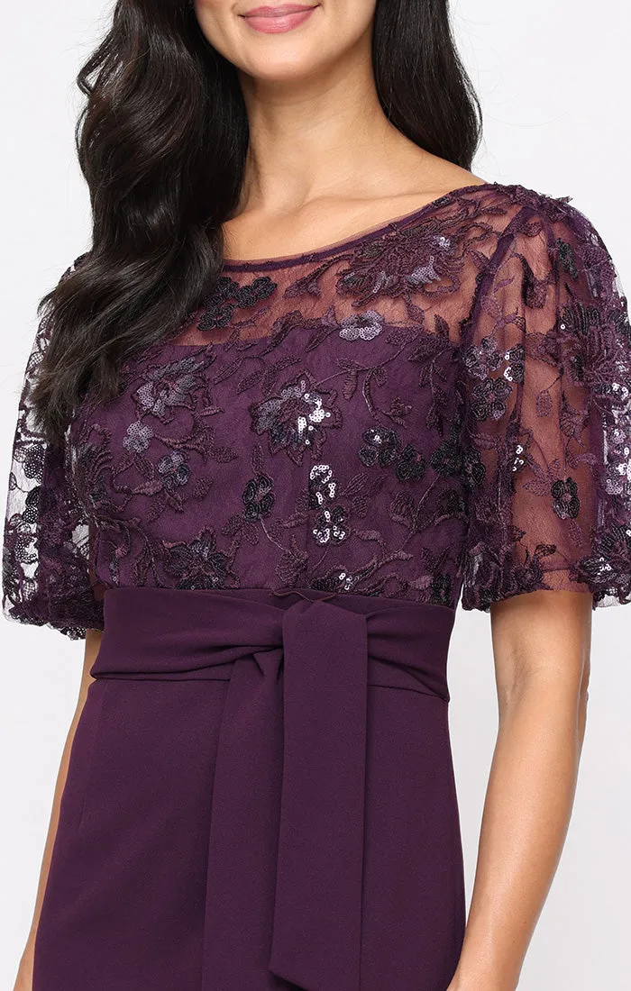 Short Stretch Crepe Sheath Dress with Embroidered Bodice, Illusion Neckline and Bubble Hem Elbow Sleeves sold by Alex Evenings product image thumbnail 2