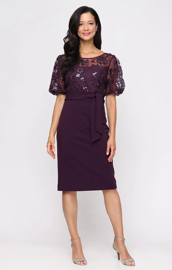 Short Stretch Crepe Sheath Dress with Embroidered Bodice, Illusion Neckline and Bubble Hem Elbow Sleeves sold by Alex Evenings