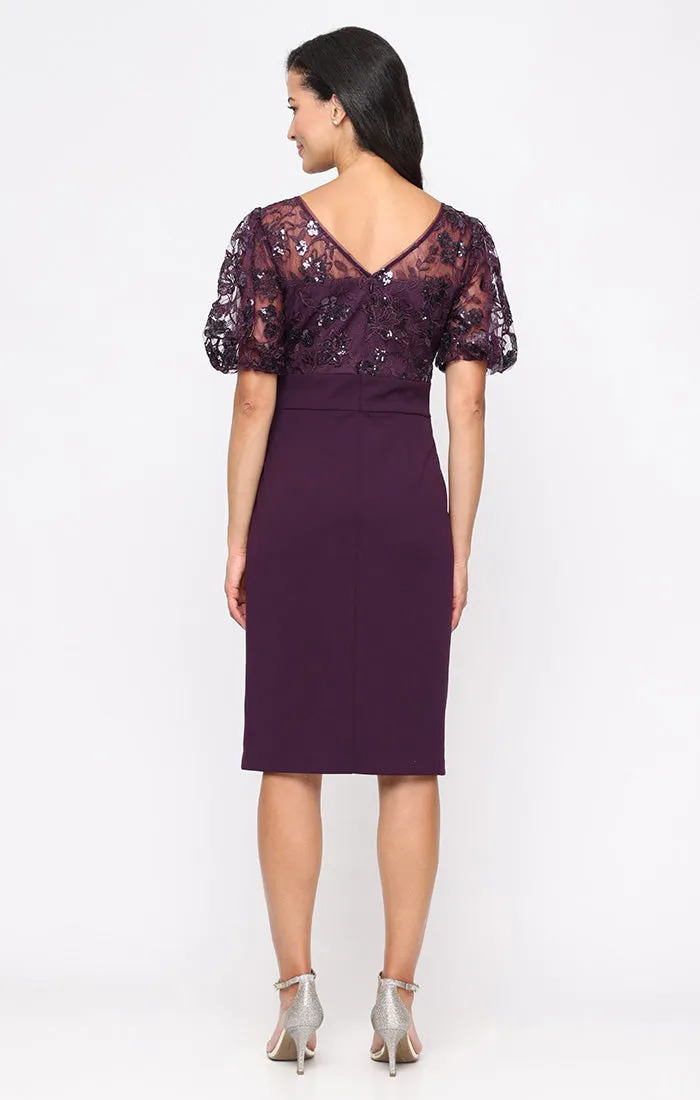 Short Stretch Crepe Sheath Dress with Embroidered Bodice, Illusion Neckline and Bubble Hem Elbow Sleeves sold by Alex Evenings product image thumbnail 3
