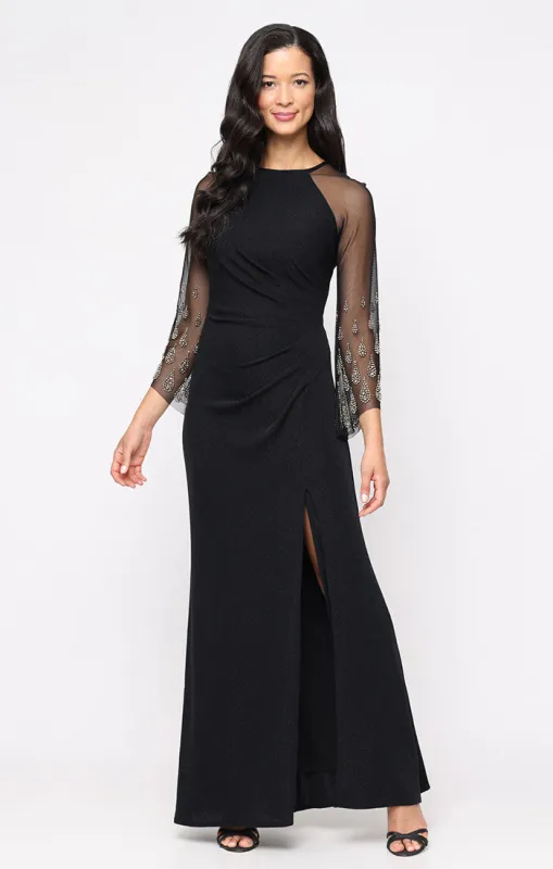 Long Metallic Knit Dress with Cutaway Illusion Neckline and Heat Set Sleeves sold by Alex Evenings