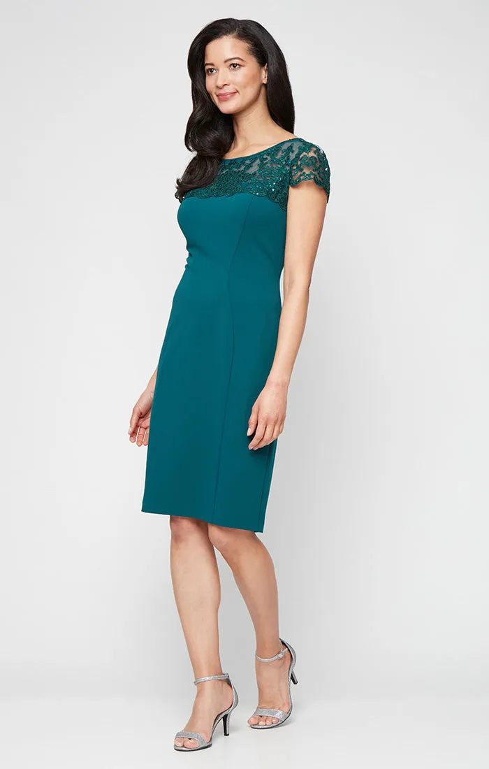 Regular - Short Sheath Dress with Embroidered Illusion Neckline and Cap Sleeves sold by Alex Evenings