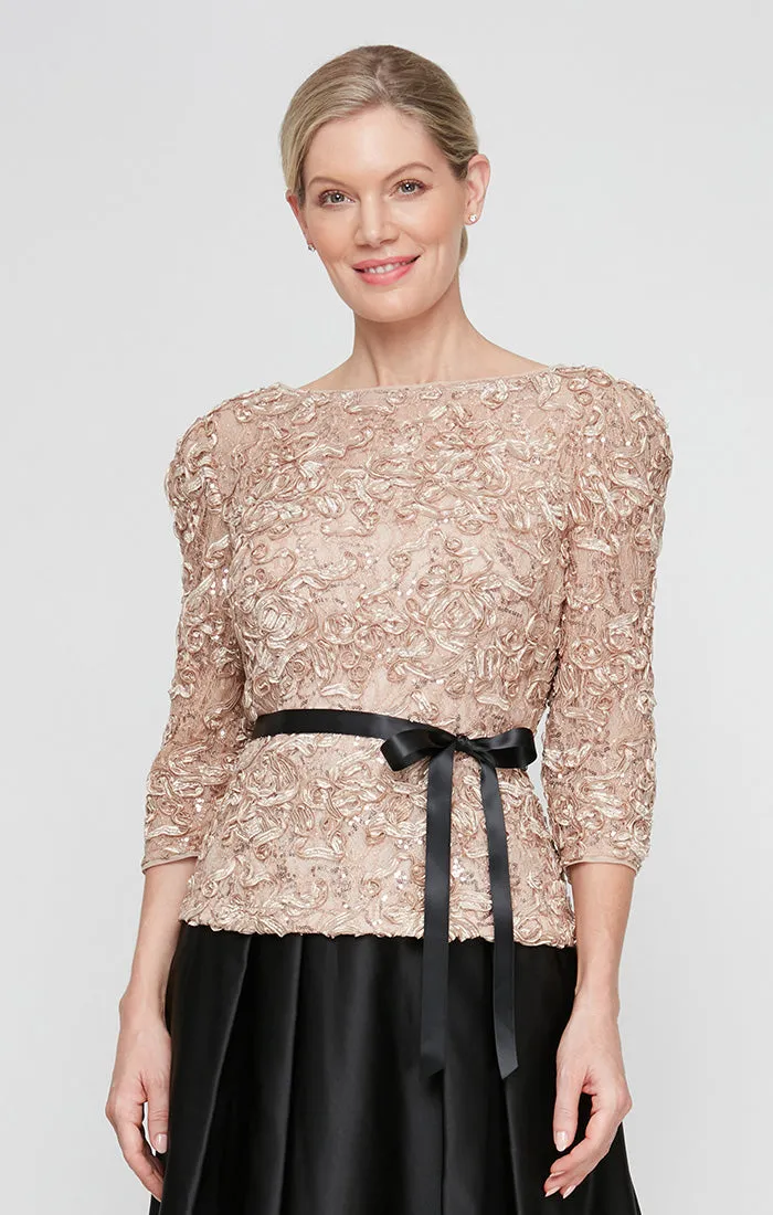 Petite - 3/4 Sleeve Soutache Blouse with Puff Shoulder Sleeve Detail, Illusion Neckline and Tie Belt sold by Alex Evenings