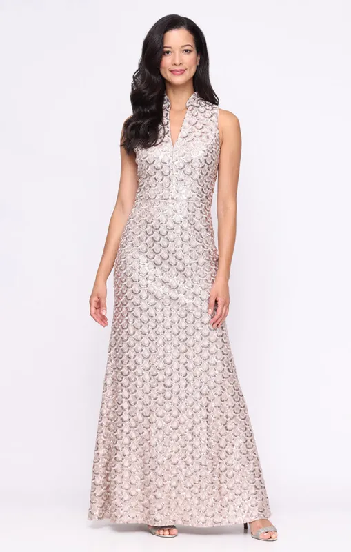 Long Sleeveless Embroidered Sequin Dress with Stand Collar V-Neckline sold by Alex Evenings