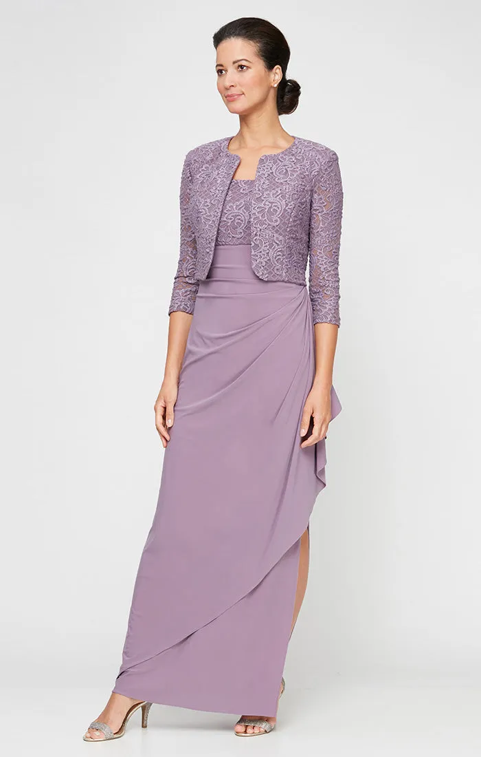 Petite - Empire Waist Bolero Jacket Dress With Open Jacket, Scoop Neck Bodice and Cascade Detail Skirt sold by Alex Evenings