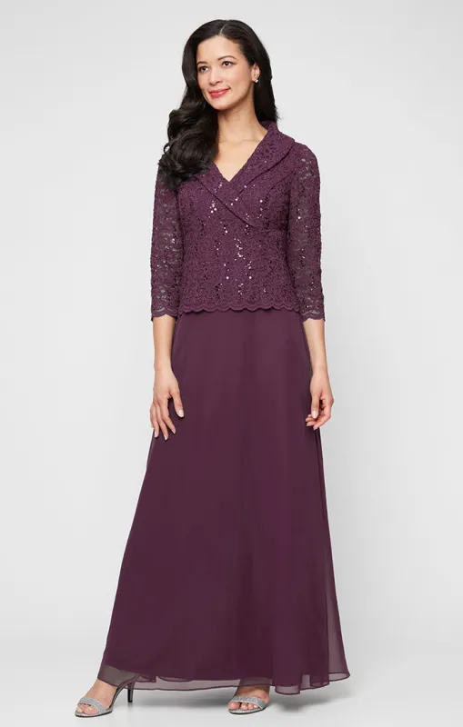 Regular - Stretch Lace Mock Dress with Portrait Collar Neckline and Chiffon Skirt sold by Alex Evenings