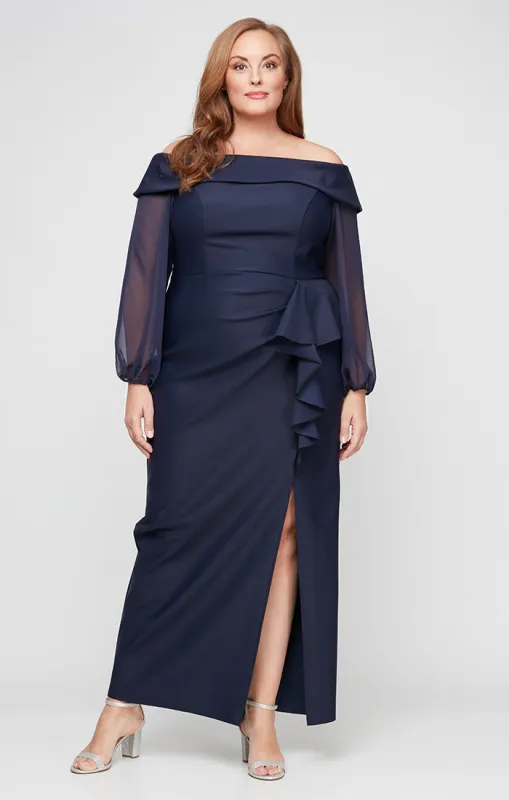 Plus - Off the Shoulder Contour Dress with Illusion Sleeves, Cascade Ruffle Skirt and Front Slit sold by Alex Evenings
