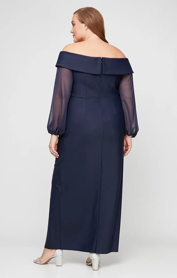 Plus - Off the Shoulder Contour Dress with Illusion Sleeves, Cascade Ruffle Skirt and Front Slit sold by Alex Evenings product image thumbnail 2