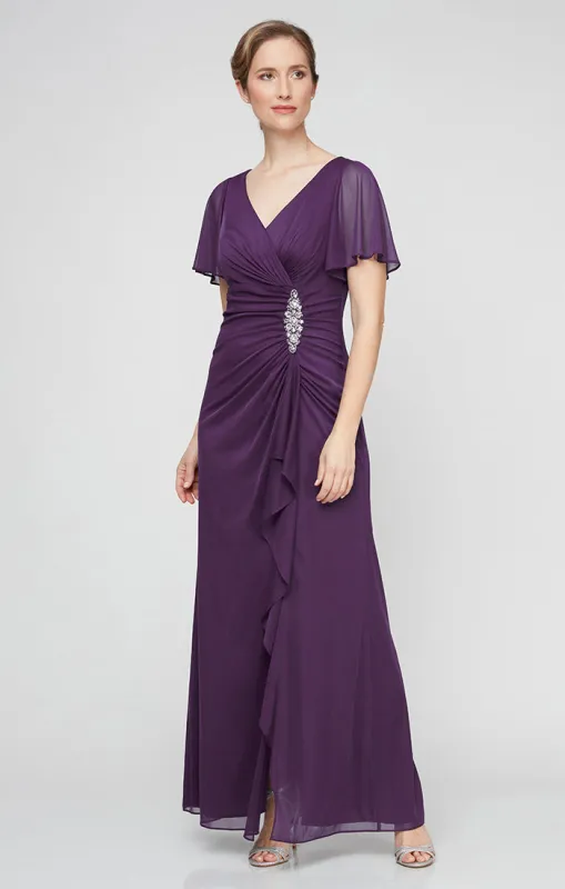 Petite - Surplice Neckline Mesh Dress with Flutter Sleeves, Embellishment at Hip and Cascade Skirt Detail sold by Alex Evenings