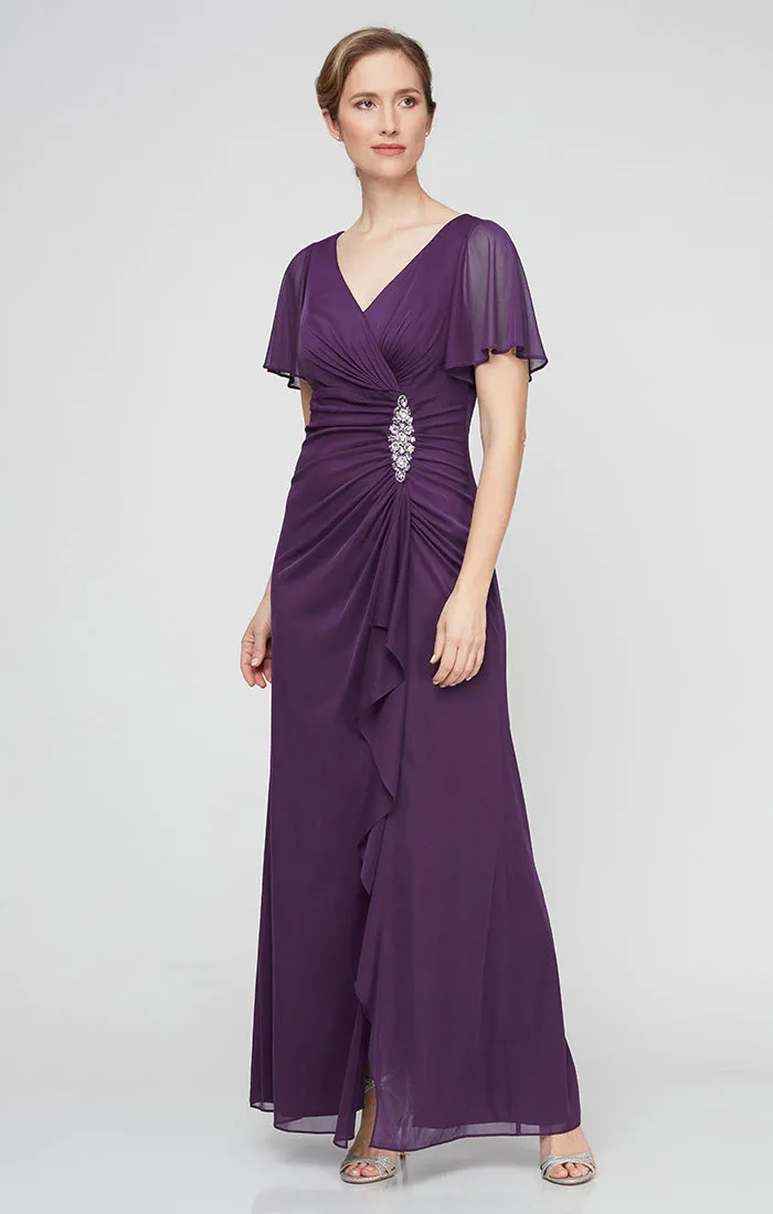 Petite - Surplice Neckline Mesh Dress with Flutter Sleeves, Embellishment at Hip and Cascade Skirt Detail sold by Alex Evenings
