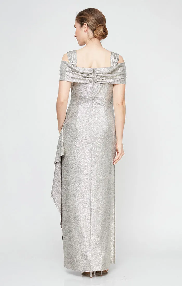Long Metallic Knit Cowl Neck Cold Shoulder Dress With Cascade Detail Skirt sold by Alex Evenings product image thumbnail 2
