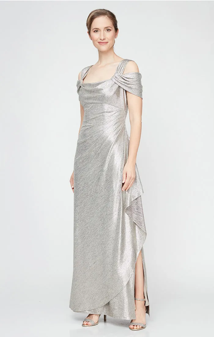 Long Metallic Knit Cowl Neck Cold Shoulder Dress With Cascade Detail Skirt sold by Alex Evenings