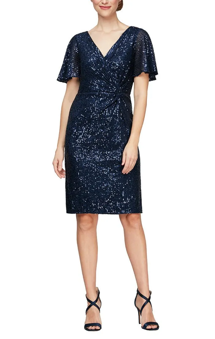 Regular - Short Surplice Neckline Dress with Knot Front Detail and Flutter Sleeves sold by Alex Evenings