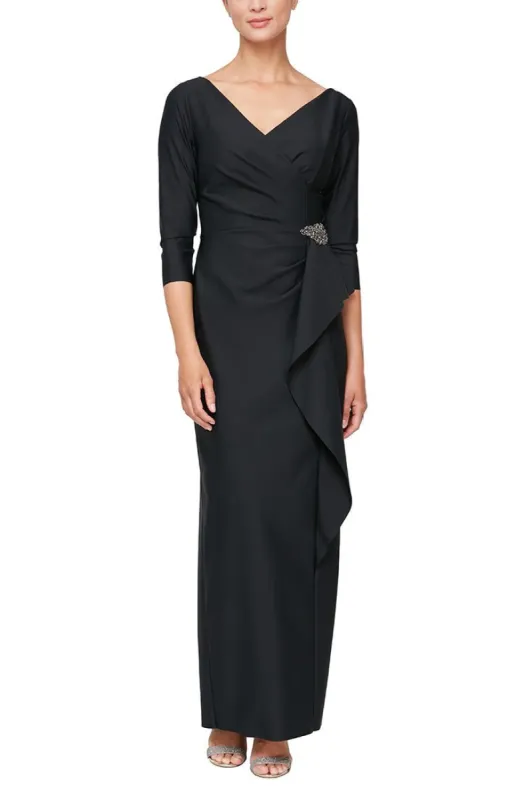 Compression Dress with Surplice Neckline, Cascade Ruffle Skirt and Embellishment Detail at Hip sold by Alex Evenings