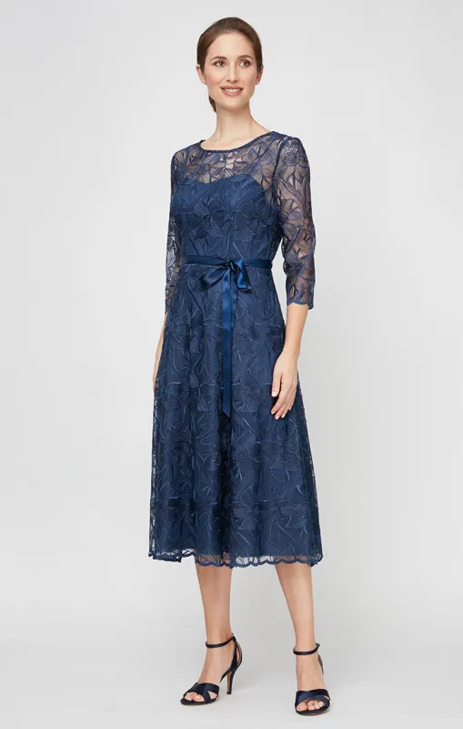 Regular - Embroidered Tulle A-Line Dress with Illusion Neckline & Tie Belt sold by Alex Evenings