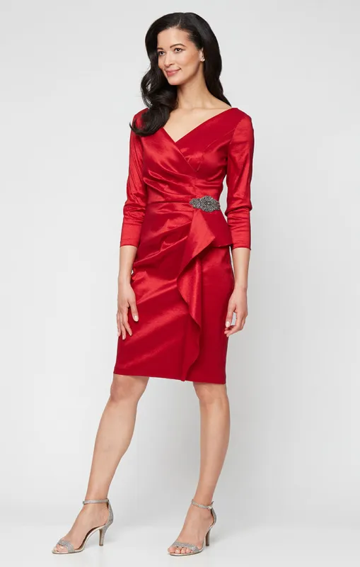 Regular - Short Stretch Taffeta Sheath Dress with Surplice Neckline, Cascade Skirt and Embellishment Detail at Hip sold by Alex Evenings