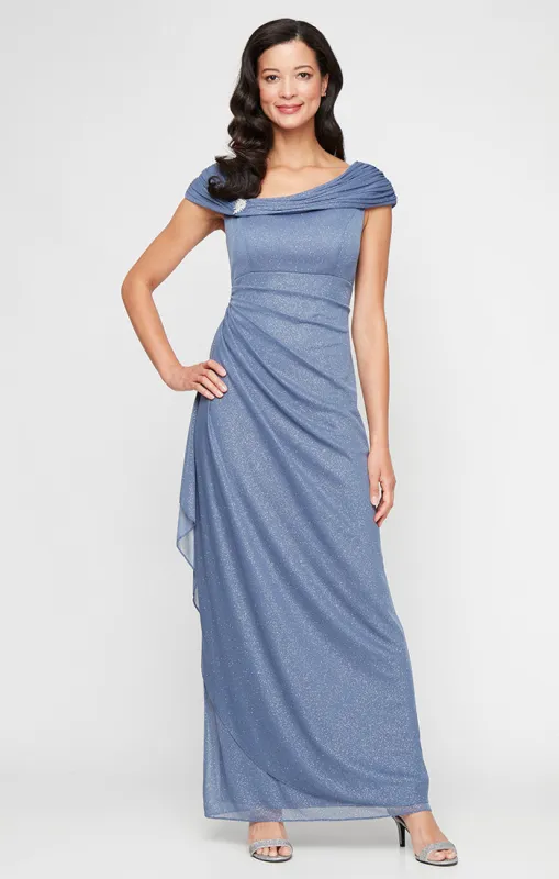 Petite Long Sleeveless L-Neck Dress with Embellished Ruched Neckline and Cascade Detail Skirt sold by Alex Evenings