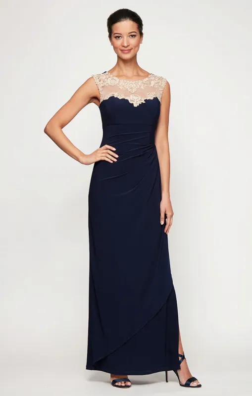 Regular - Crepe Side Ruched Dress with Sweetheart Embroidered Lace Illusion Neckline sold by Alex Evenings