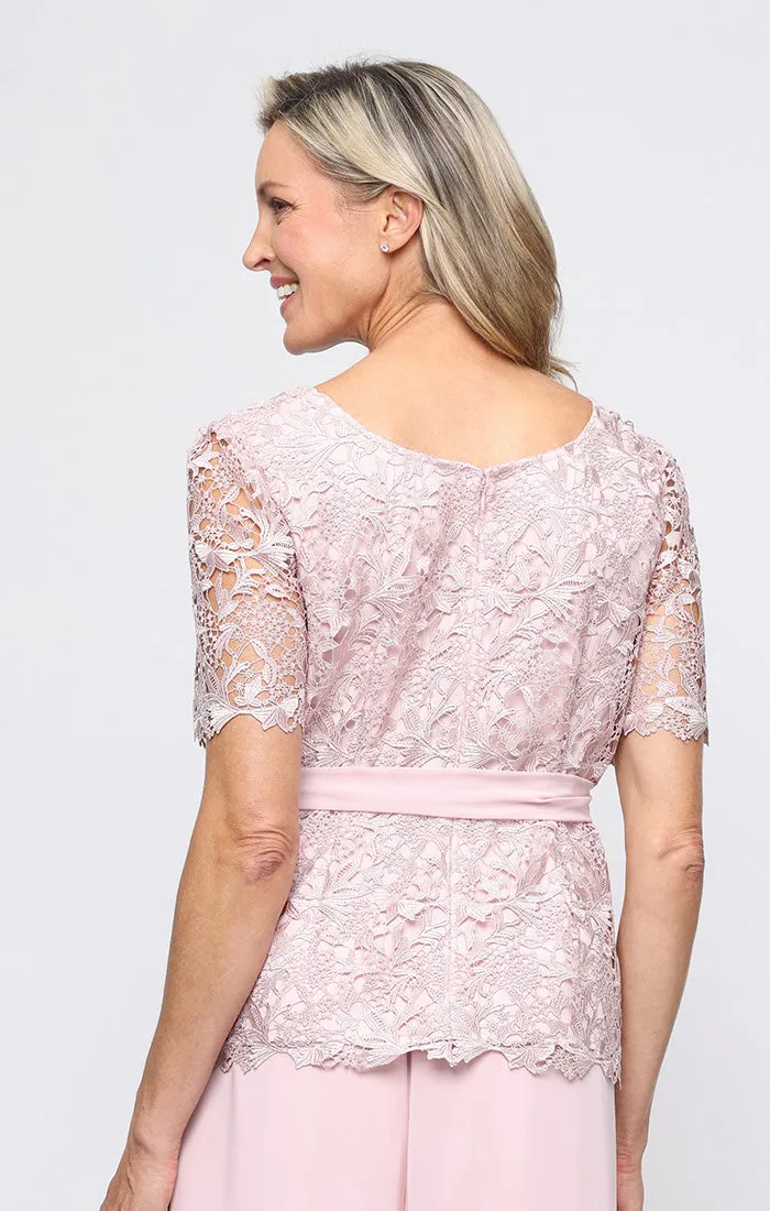 Short Sleeve Lace Blouse with Illusion Sleeves and Chiffon Tie Belt sold by Alex Evenings product image thumbnail 2