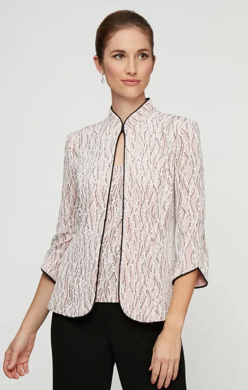 Petite 3/4 Sleeve Printed Mandarin Neck Twinset With Scoop Neck Tank and Satin Piping Detail sold by Alex Evenings