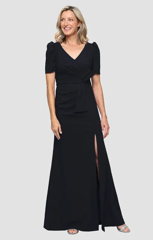 Petite Long Stretch Crepe Dress with Surplice Neckline, Puff Shoulder Elbow Sleeves and Cascade Detail Skirt sold by Alex Evenings