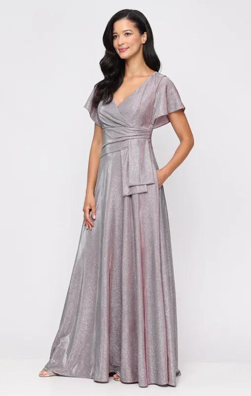 *Long A-Line Metallic Knit Dress with Surplice Neckline, Ruched Cascade Detail Waist and Flutter Sleeves made by Alex Evenings