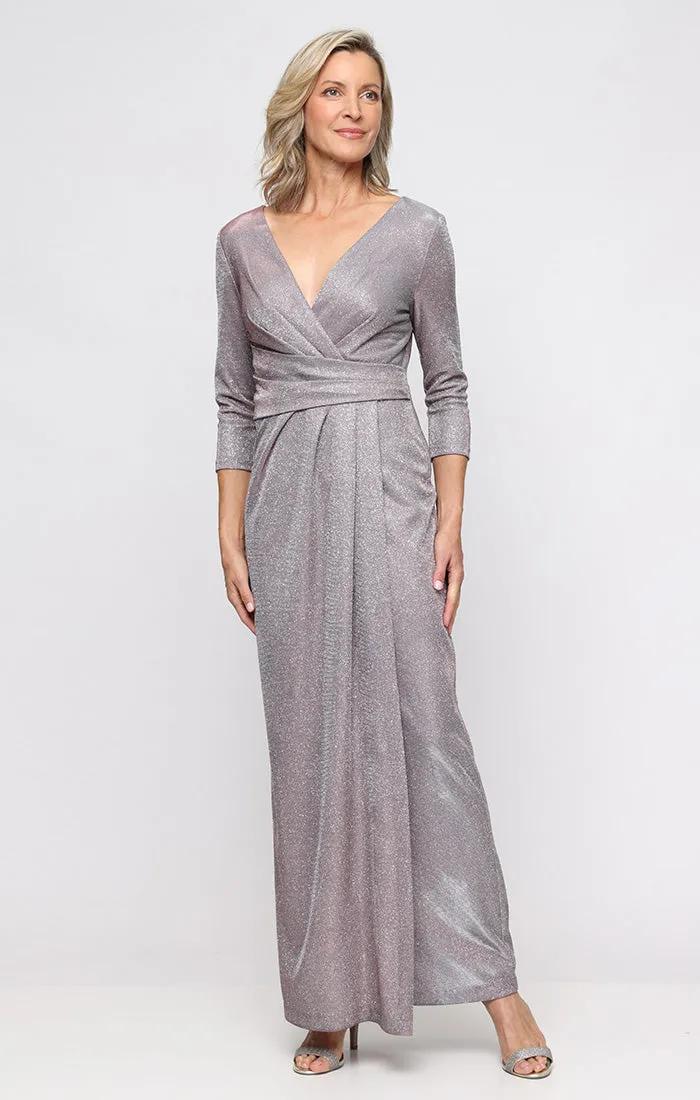 *Metallic Knit Dress with Surplice Neckline and Ruched Waist Detail sold by Alex Evenings