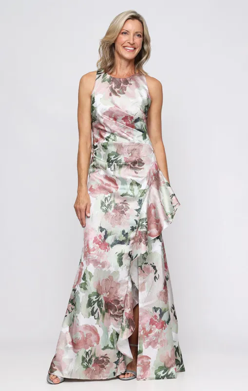 Petite Long Sleeveless Printed Shimmer Dress with Cascade Ruffle Detail sold by Alex Evenings
