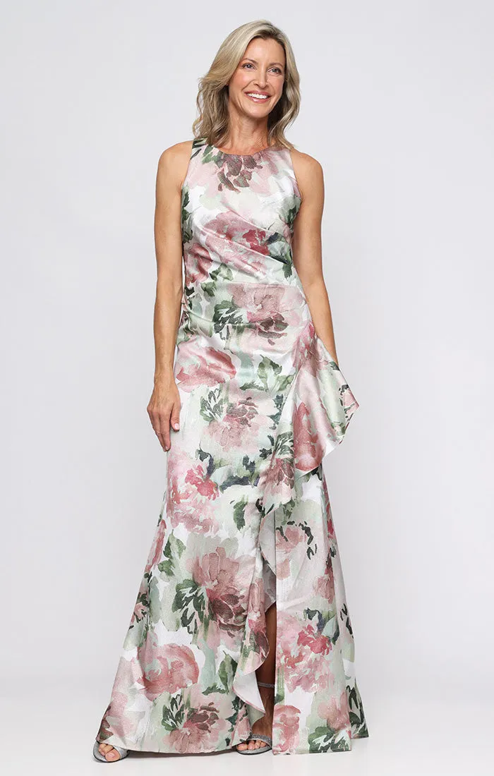 Petite Long Sleeveless Printed Shimmer Dress with Cascade Ruffle Detail sold by Alex Evenings