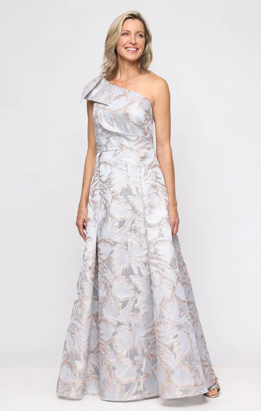 *Long One Shoulder Printed Jacquard Dress with Bow Detail at Shoulder sold by Alex Evenings