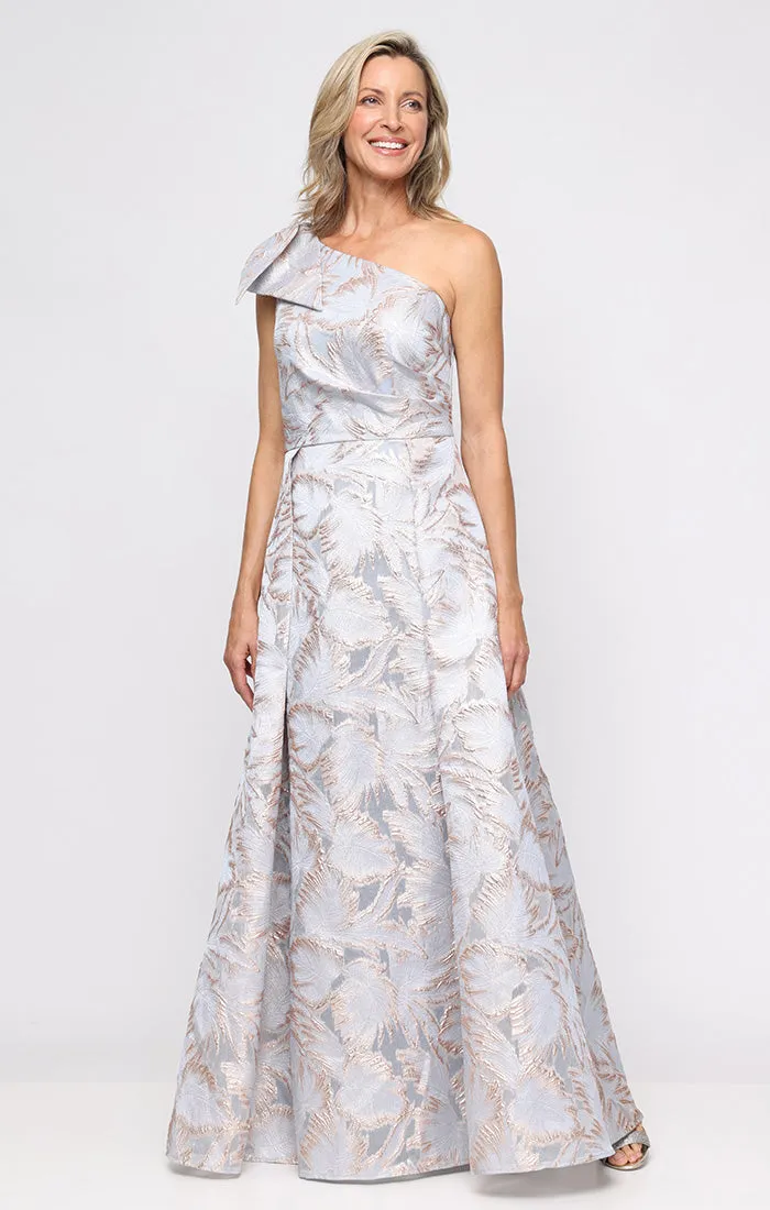 *Long One Shoulder Printed Jacquard Dress with Bow Detail at Shoulder sold by Alex Evenings