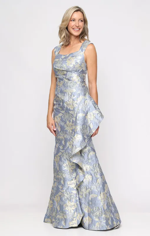 *Long Sleeveless Printed Jacquard Dress with Square Neckline and Cascade Detail Skirt sold by Alex Evenings