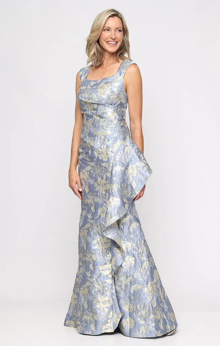 *Long Sleeveless Printed Jacquard Dress with Square Neckline and Cascade Detail Skirt sold by Alex Evenings