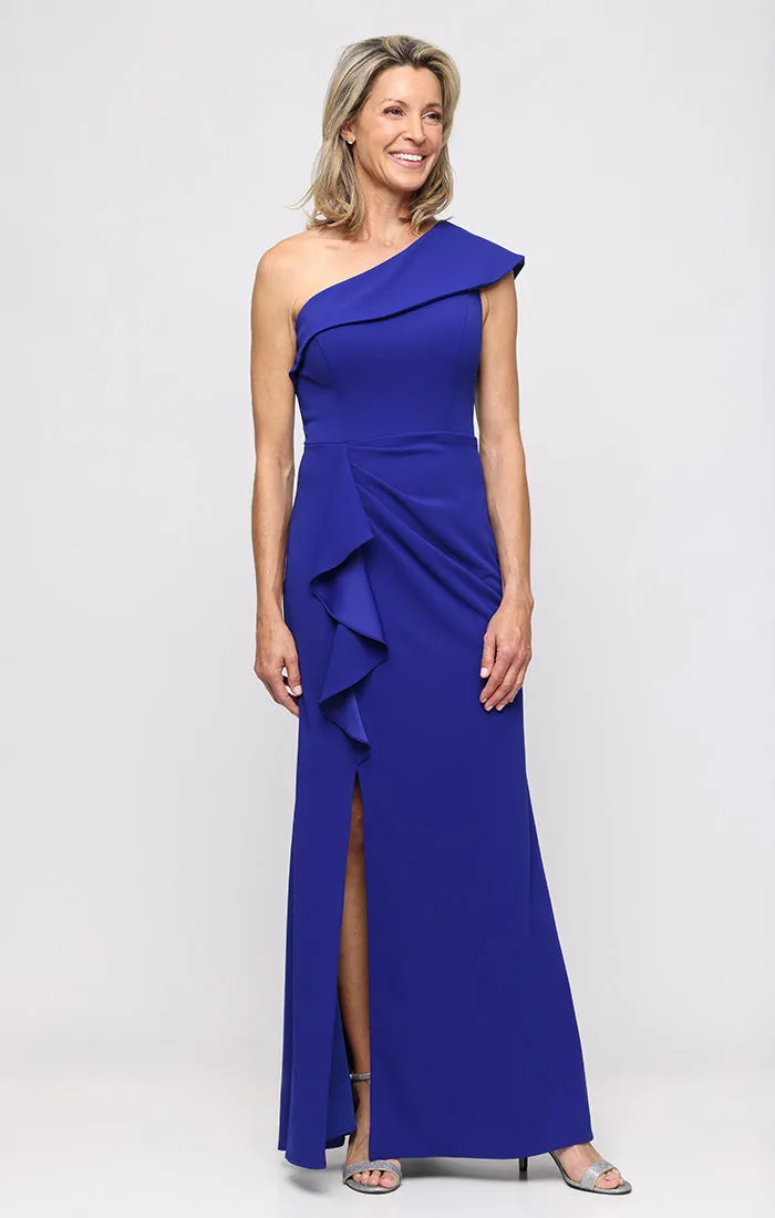 *Long Stretch Crepe One Shoulder Dress with Cascade Peplum Waist Detail sold by Alex Evenings product image thumbnail 4