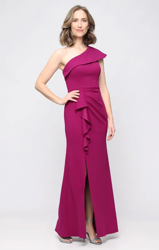 *Long Stretch Crepe One Shoulder Dress with Cascade Peplum Waist Detail sold by Alex Evenings