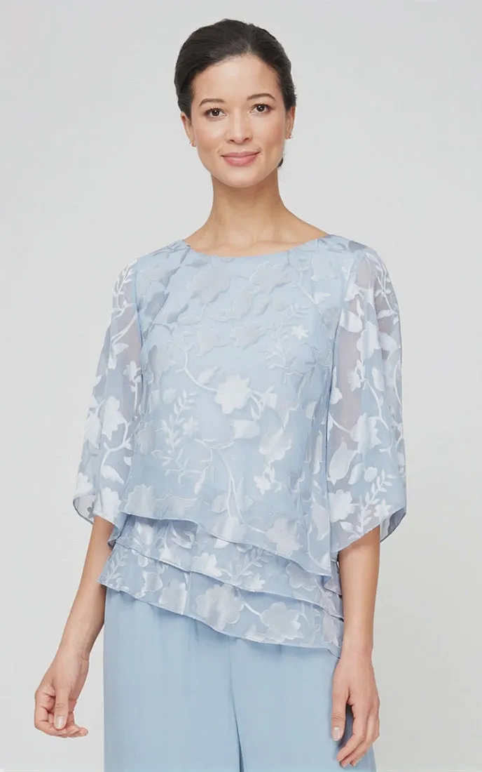 Burnout Chiffon Blouse with Asymmetrical Triple Tier Hem & Illusion Sleeves sold by Alex Evenings product image thumbnail 4