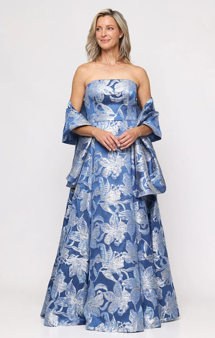 Strapless Printed Jacquard Gown with Shawl sold by Alex Evenings
