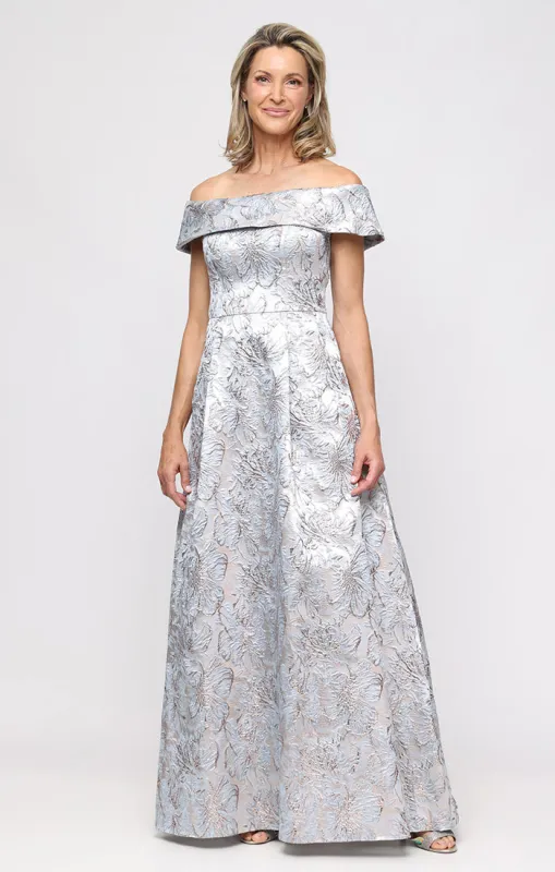 Jacquard Off-the-Shoulder Ballgown with Foldover Cuff Neckline sold by Alex Evenings