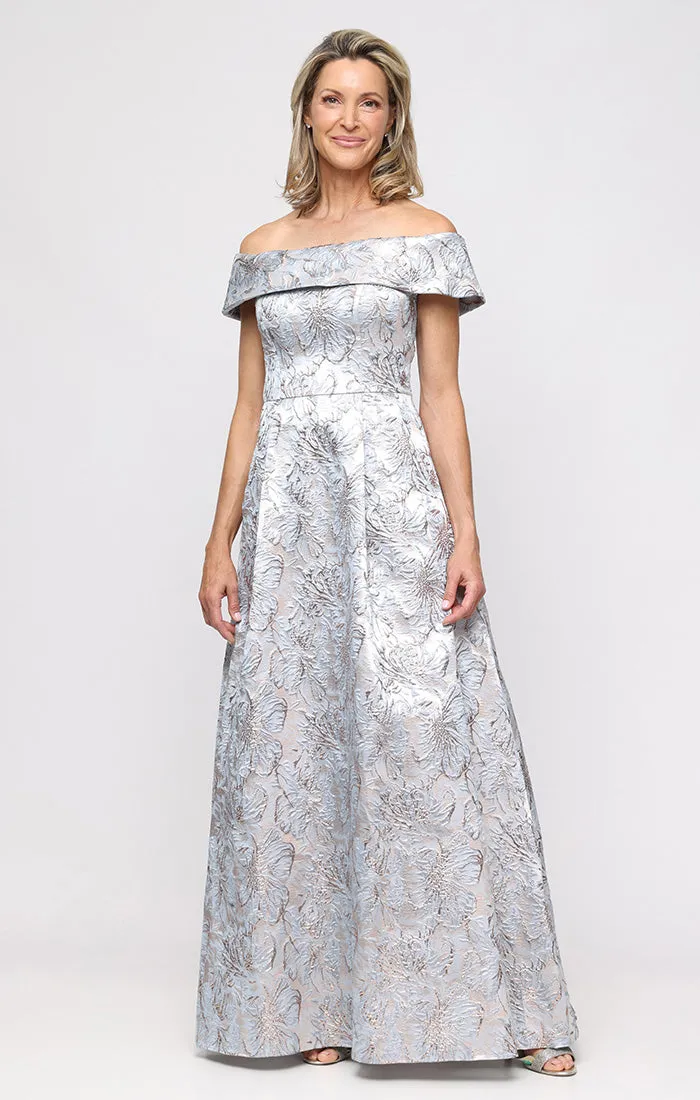 Jacquard Off-the-Shoulder Ballgown with Foldover Cuff Neckline sold by Alex Evenings