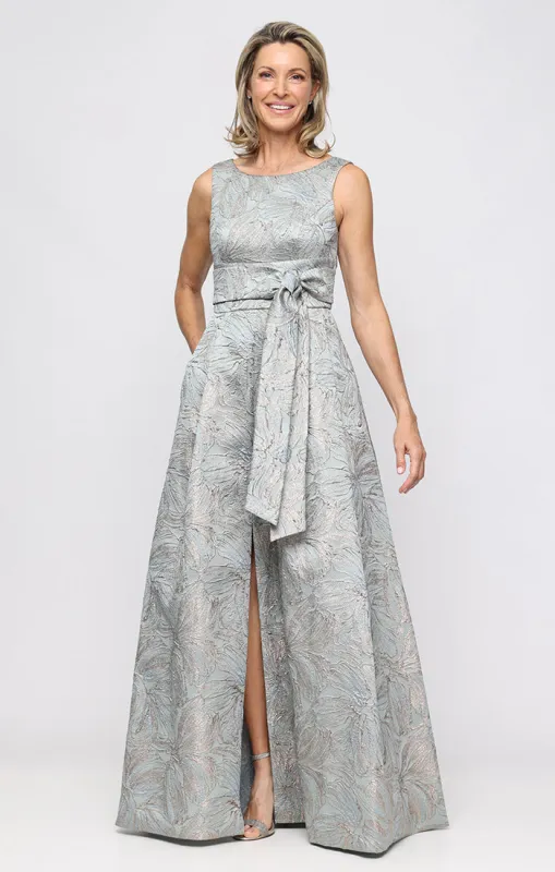 Sleeveless Printed Jacquard Dress with Ruched Tie Waist Detail and Front Slit made by Alex Evenings