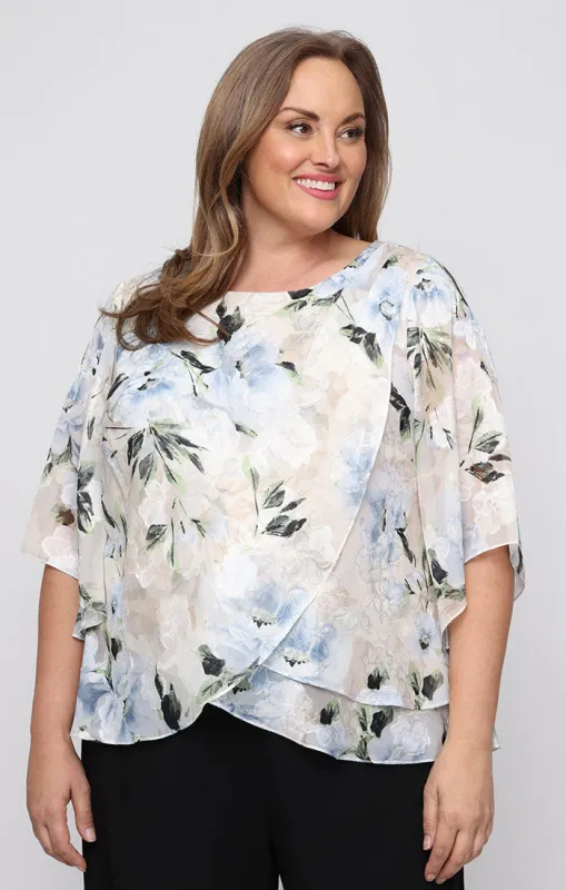 Plus 3/4 Sleeve Printed Burnout Chiffon Blouse with Tulip Overlay Detail sold by Alex Evenings