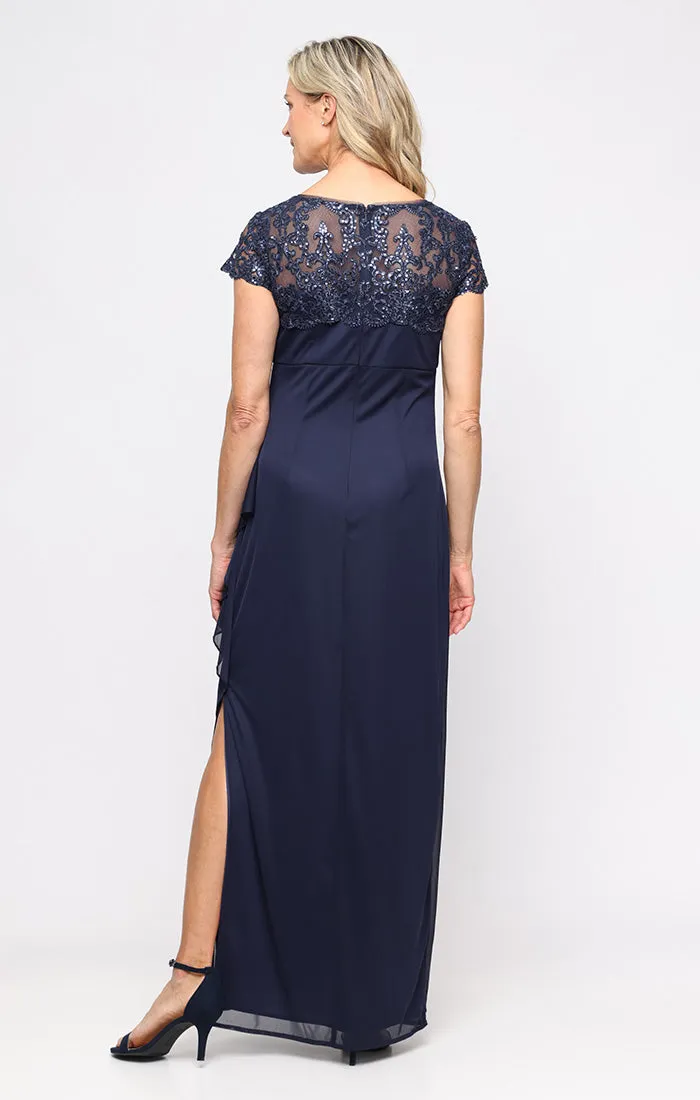 Petite Cap Sleeve Mesh Dress with Embroidered Illusion Neckline and Cascade Detail Skirt sold by Alex Evenings product image thumbnail 3