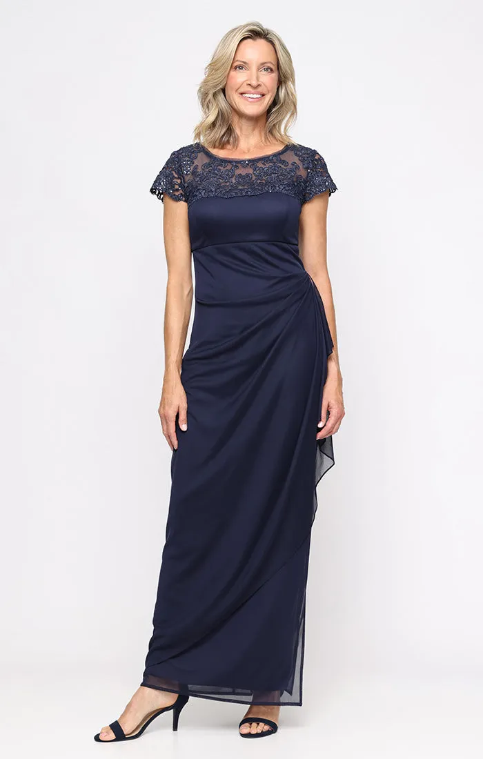 Petite Cap Sleeve Mesh Dress with Embroidered Illusion Neckline and Cascade Detail Skirt sold by Alex Evenings