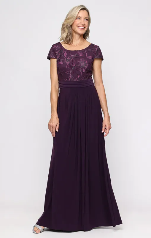 Petite Empire Waist A-Line Dress with Embroidered Bodice, Cap Sleeves and Chiffon Pleated Waist Detail Skirt sold by Alex Evenings