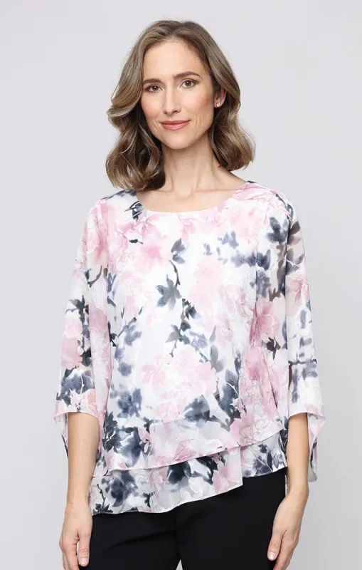 Printed Burnout Chiffon Blouse with Asymmetric Double Tier Hem sold by Alex Evenings
