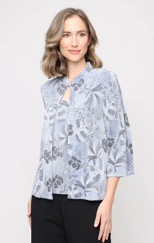 Printed Slinky Glitter Knit Twinset with Mandarin Cape Neckline Jacket made by Alex Evenings