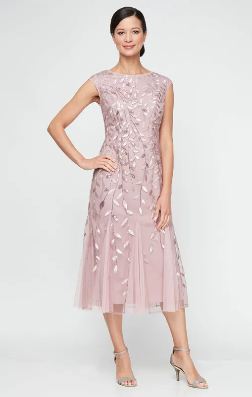 Petite Midi Embroidered Dress with Illusion Neckline and Godet Detail Skirt made by Alex Evenings