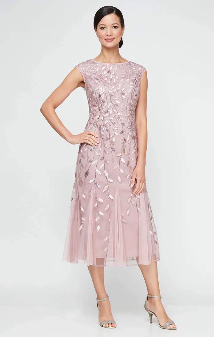 Petite Midi Embroidered Dress with Illusion Neckline and Godet Detail Skirt sold by Alex Evenings
